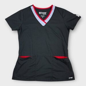 Grey’s Anatomy Active Scrub Top Black Red Trim Women’s Small V-Neck Pockets